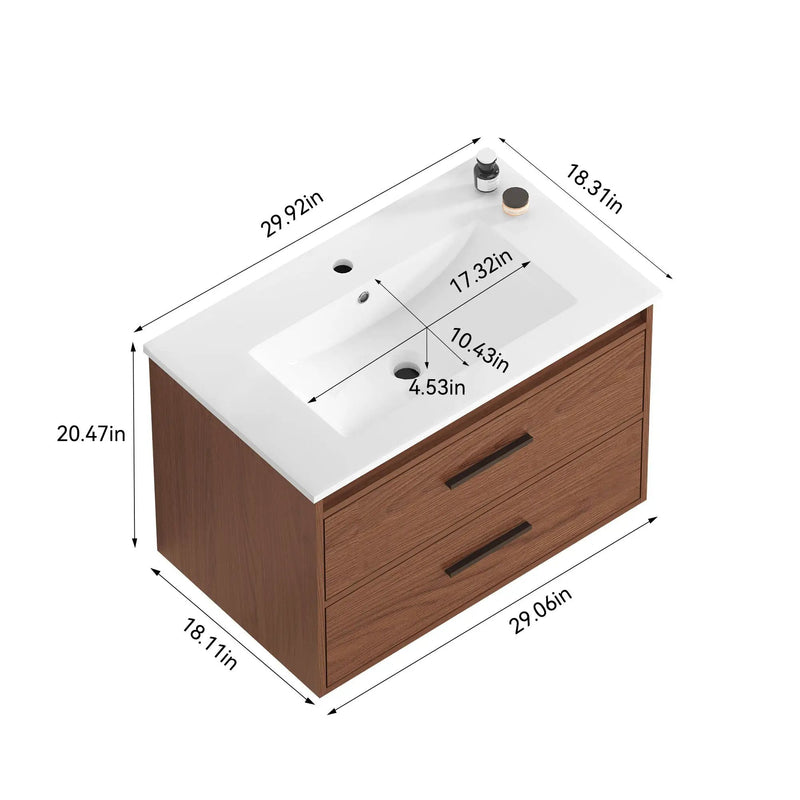 Wall Mounting Bathroom Vanity With Soft Close 2 Drawer, Sink - Reddish Brown by HouseOfZazla