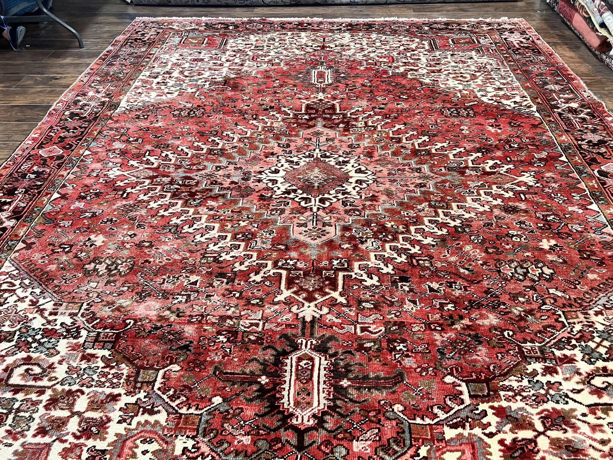 Large Persian Heriz Rug 10x13, Red and Cream Geometric Tribal Room Sized Handmade Wool Hand Knotted Semi Antique Decorative Oriental Carpet by Jewel Rugs