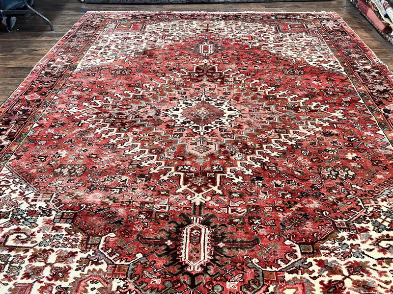 Large Persian Heriz Rug 10x13, Red and Cream Geometric Tribal Room Sized Handmade Wool Hand Knotted Semi Antique Decorative Oriental Carpet by Jewel Rugs