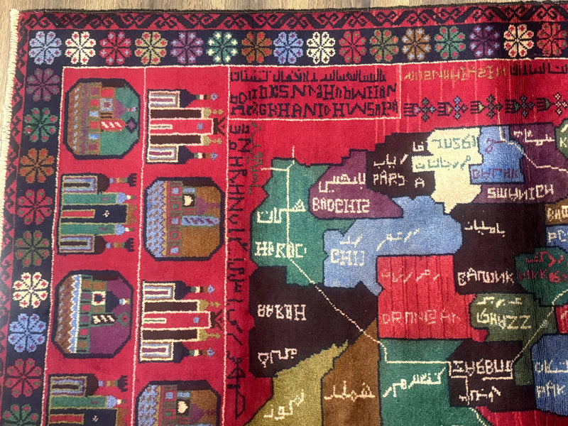 Afghan Rug 3x7, Map of Afghanistan, War Rug, Tribal Rug, Balouch Rug, New, Red by Jewel Rugs