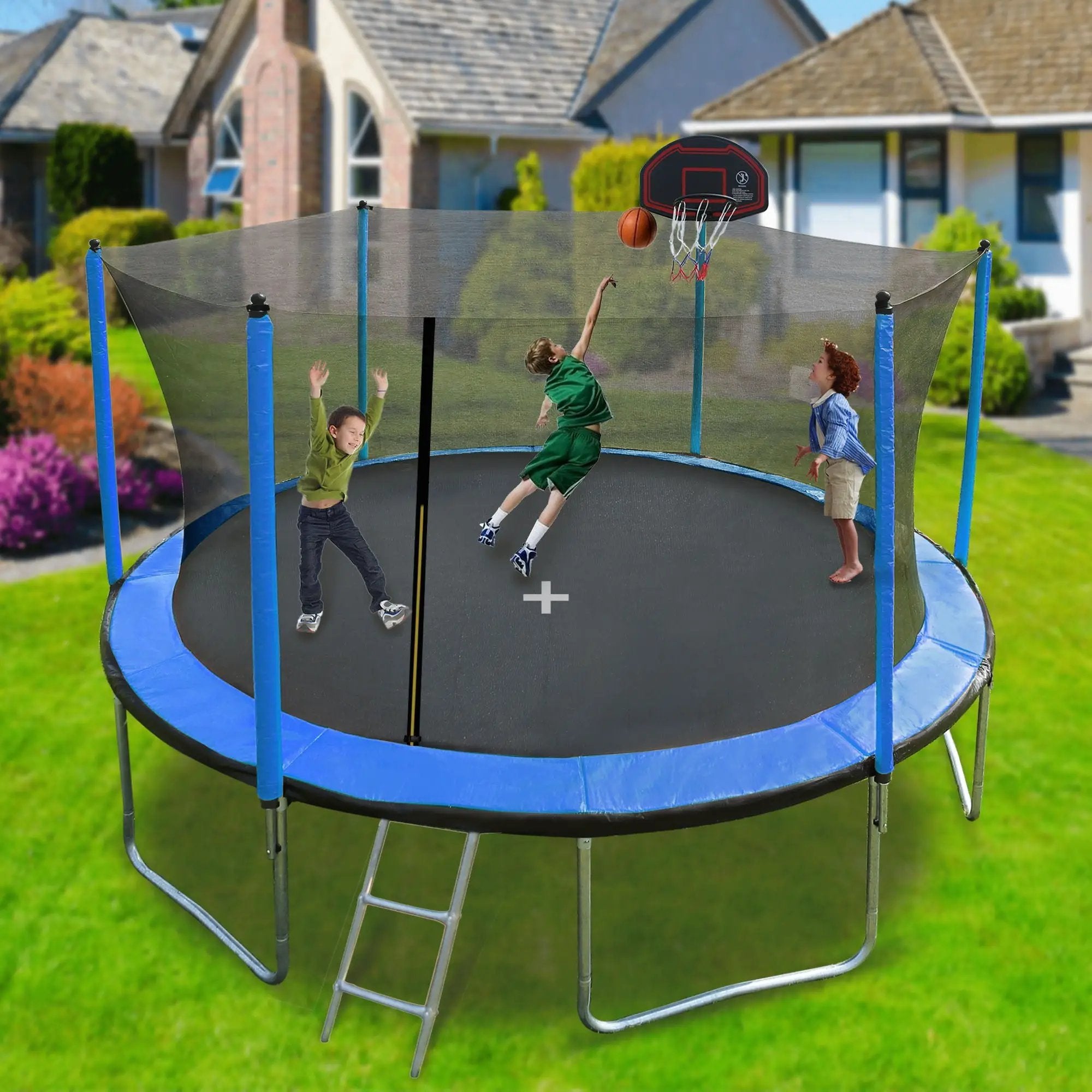 15Ft Trampoline With Basketball Hoop Inflator And Ladder (Inner Safety Enclosure) by HouseOfZazla