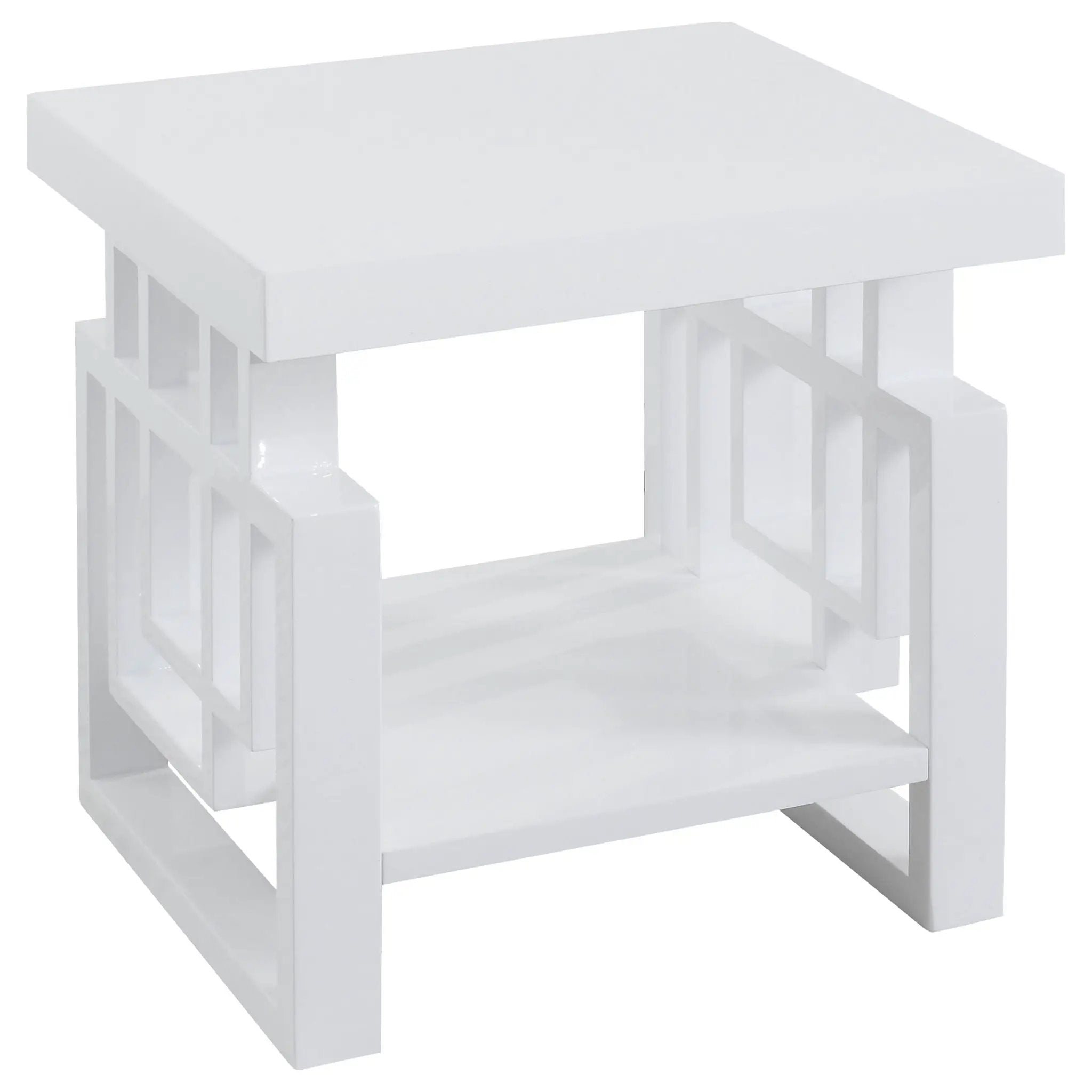 Rectangular End Table With Geometric Design And Open Shelf - White by HouseOfZazla