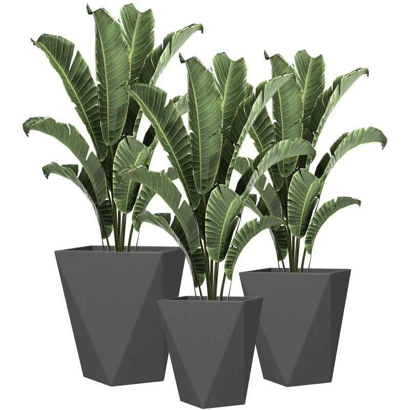 Outsunny - 18", 15.25", 11.75" Tall Planters (Set of 3), Indoor Outdoor Planters With Drainage Holes, Stackable Flower Pots For Garden, Patio, Balcony, Front Door - Gray by HouseOfZazla
