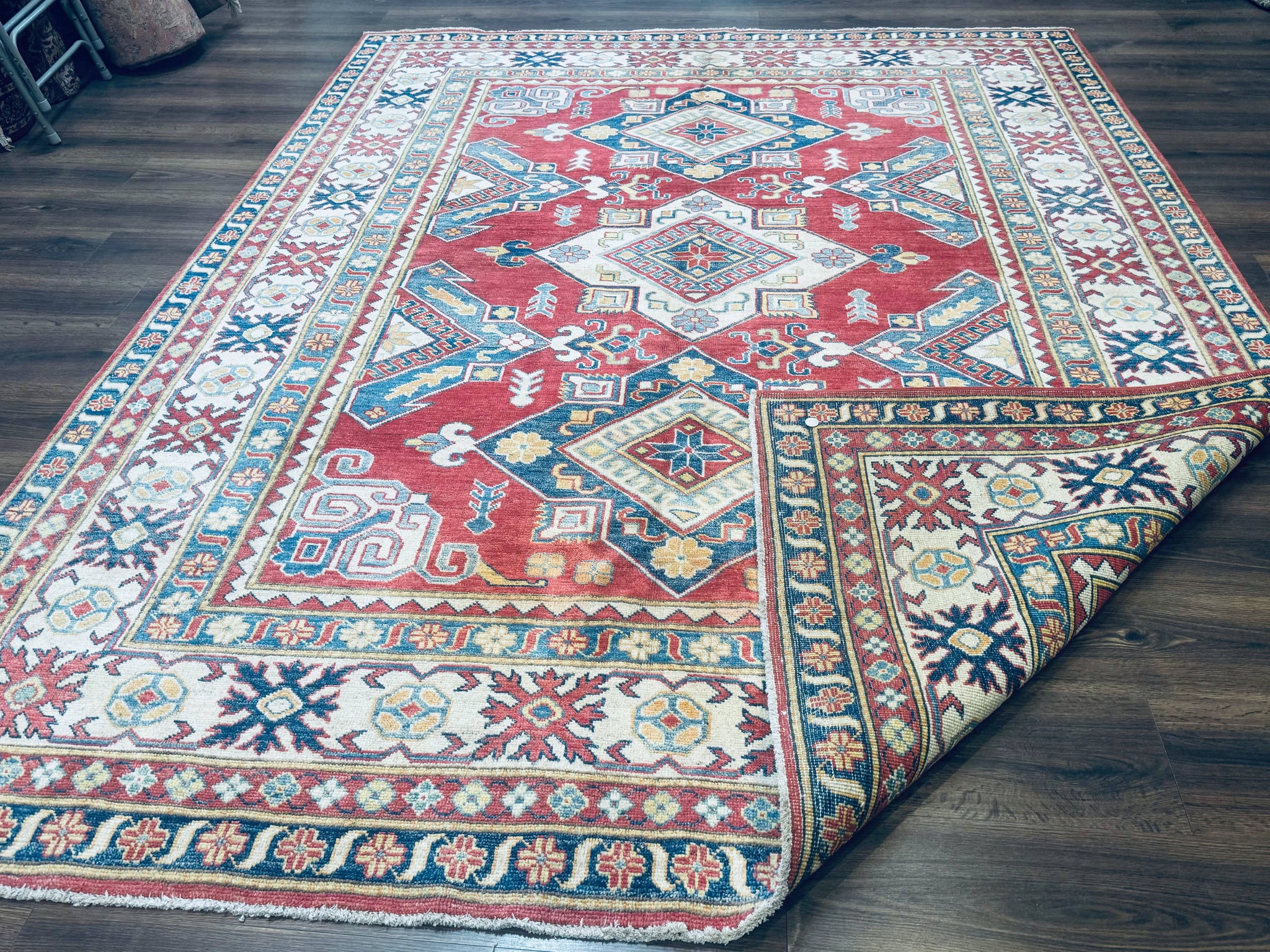 Turkish Kazak Rug 7.6 x 9.5, Geometric Medallions, Caucasian Pattern by Jewel Rugs