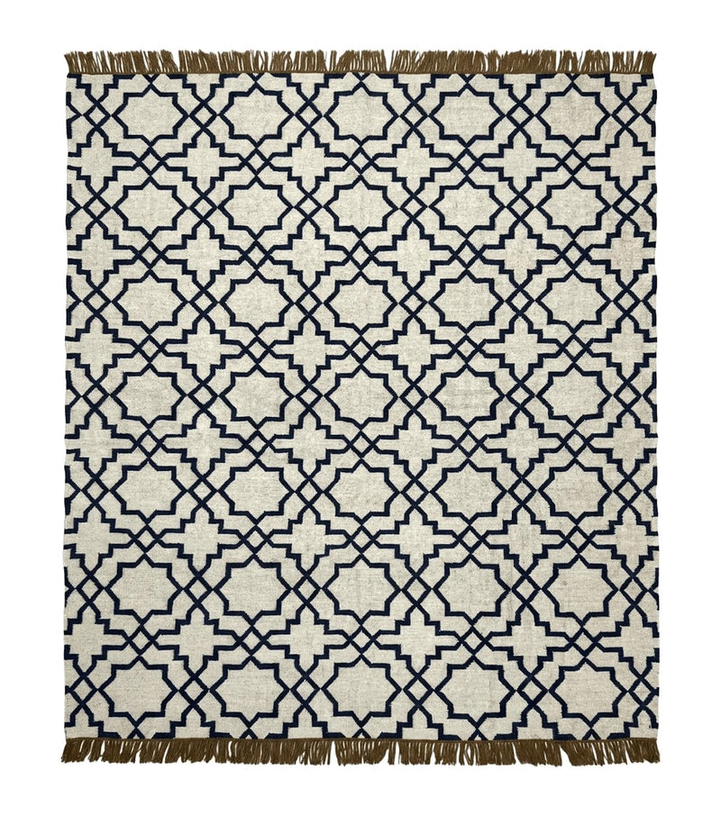 Indian Kilim Rug 8x10, Oat and Navy Blue, Dhurrie Carpet, Handmade, Wool by Jewel Rugs