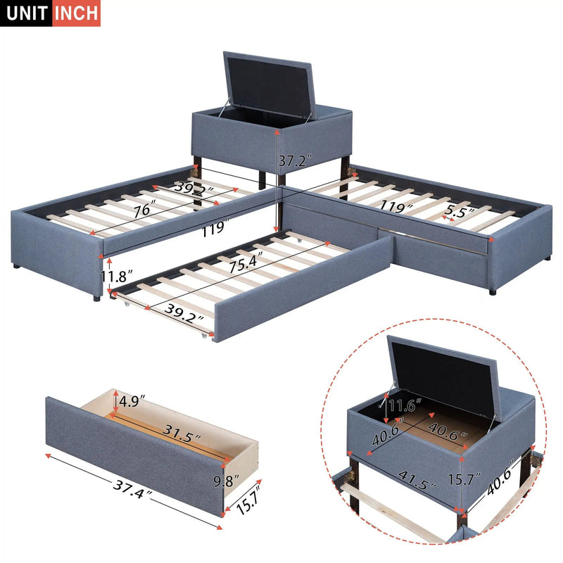 L Shaped Upholstered Platform Bed With Trundle And 2 Drawers Linked With Built In Desk by HouseOfZazla