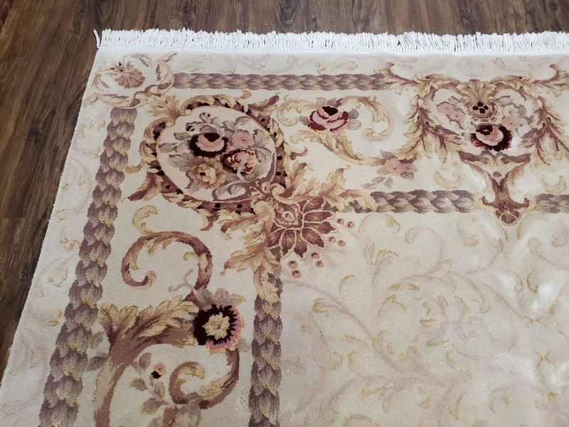 Vintage Ivory Chinese Aubusson Area Rug 6x9, Wool & Silk, Hand-Knotted 120 Line Fine Rug, European Design Carpet, 6 x 9 Master Signature Rug by Jewel Rugs