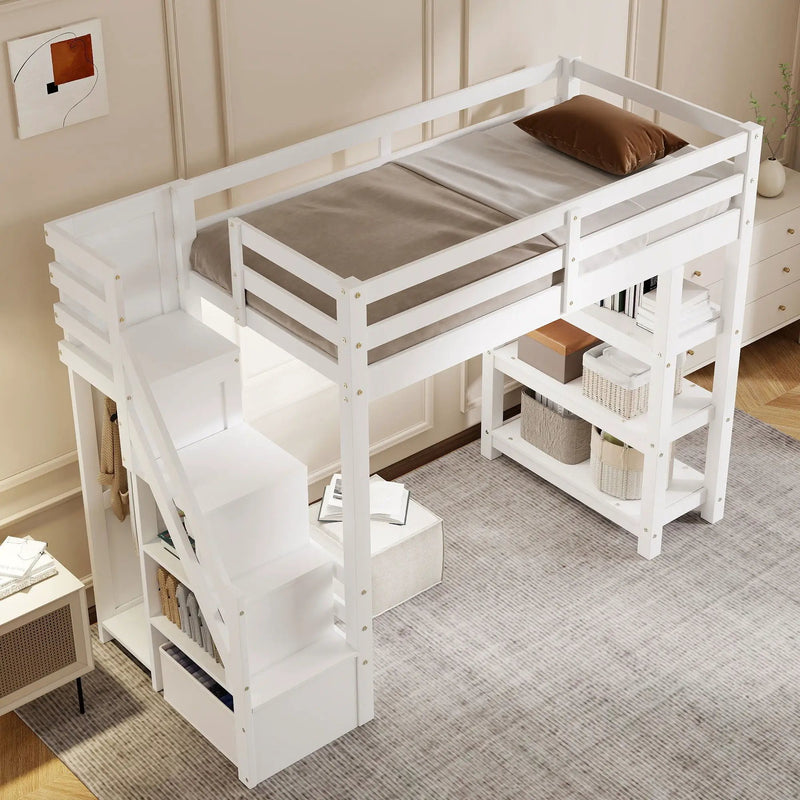 Loft Bed With 4 Layer Shelves, Storage Staircase, Small Wardrobe And LED Light by Unique Piece Furniture