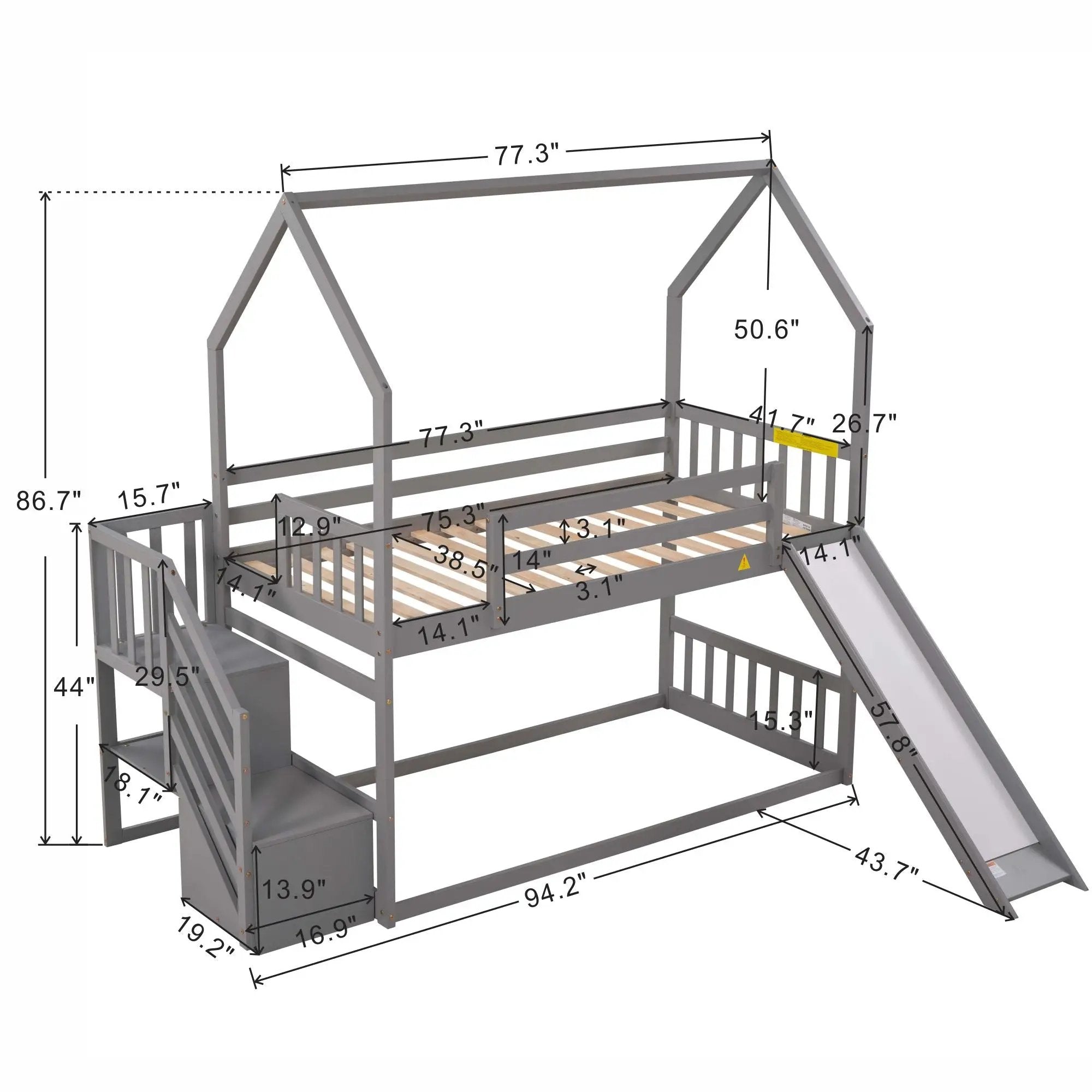 Twin Over Twin House Bunk Bed With Convertible Slide, Storage Staircase by Unique Piece Furniture