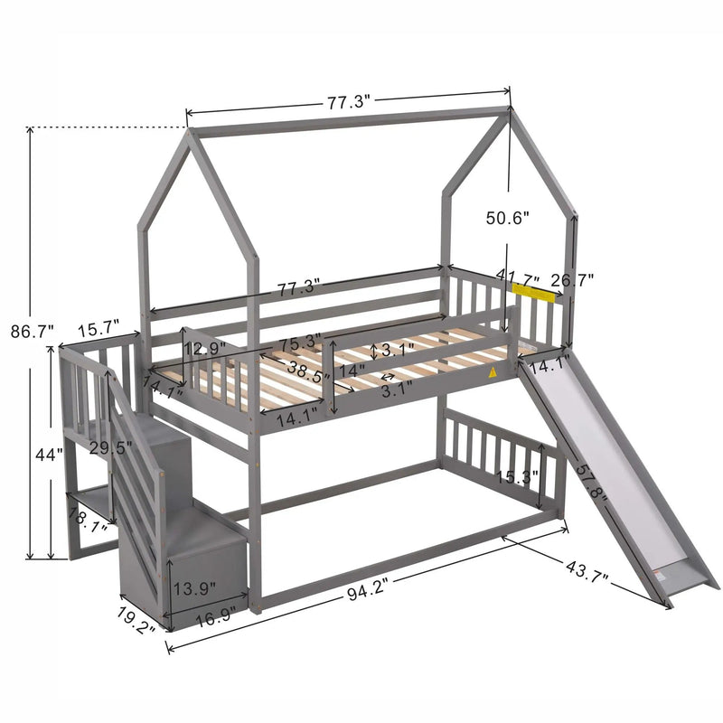 Twin Over Twin House Bunk Bed With Convertible Slide, Storage Staircase by Unique Piece Furniture