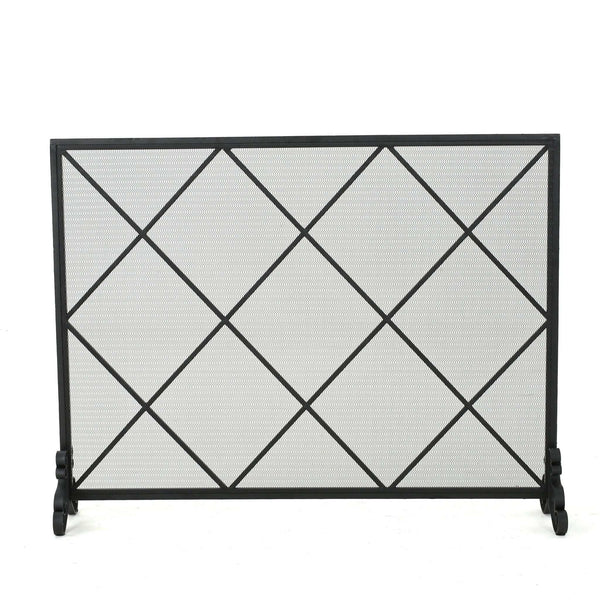 Minimalist Single Panel Iron Fireplace Screen with Diamond Design