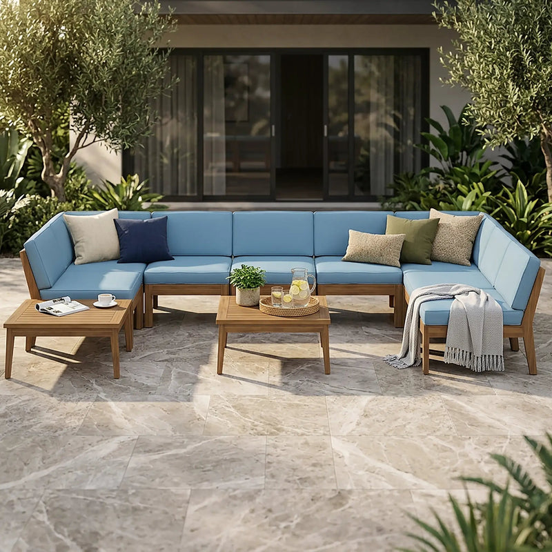 Grenada 8 Seater Acacia Wood Sectional Sofa Set, Teak + Blue by HouseOfZazla