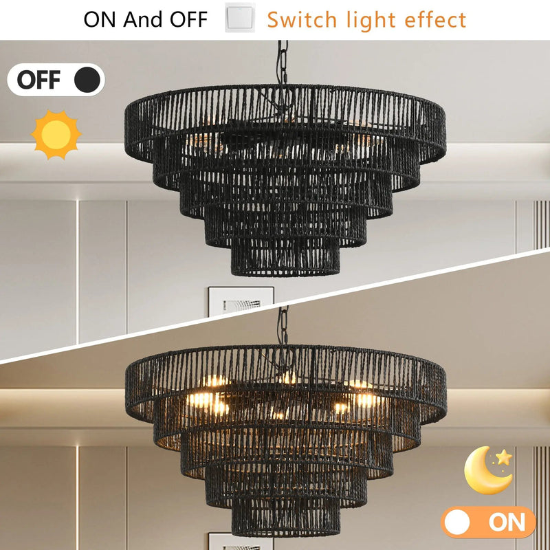 24' Rustic 5-Tier Black Hemp Rope Pendant Light Chandelier by HouseOfZazla