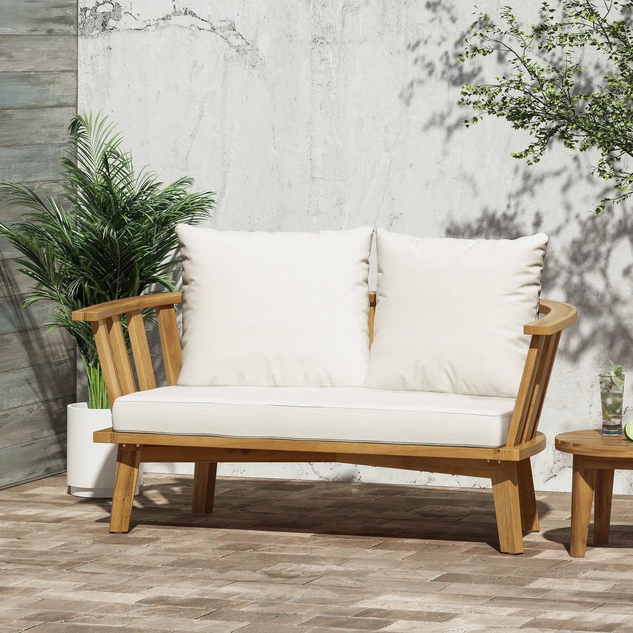 Outdoor Wooden Loveseat with Cushions - White/Teak by HouseOfZazla