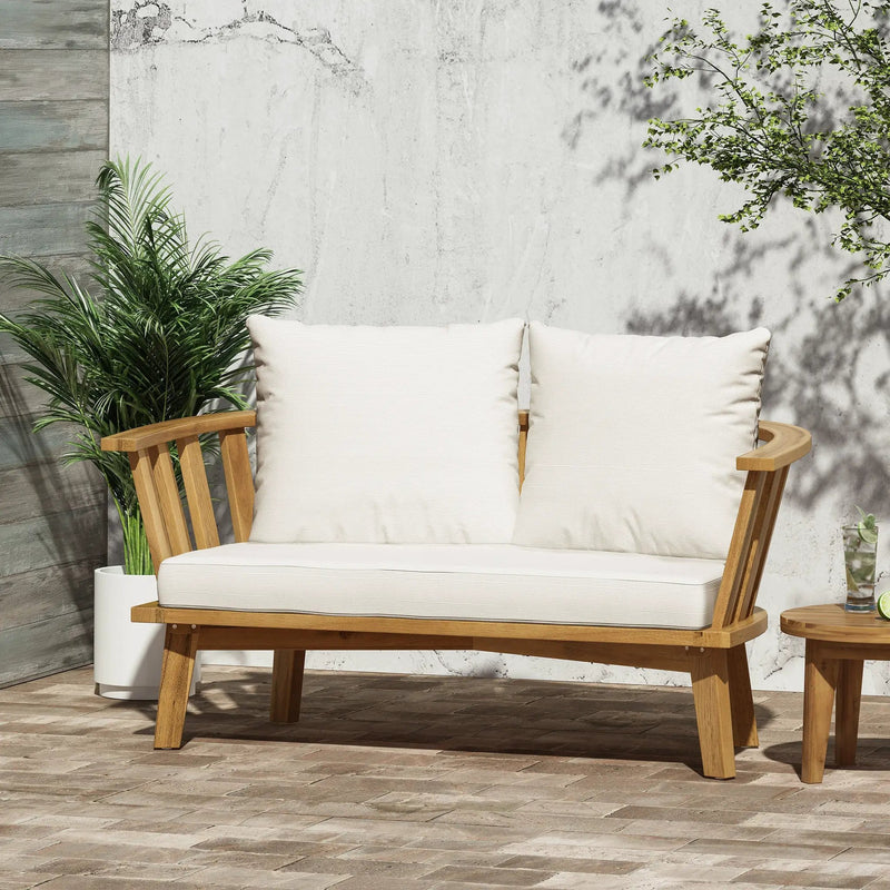Outdoor Wooden Loveseat with Cushions - White/Teak by HouseOfZazla