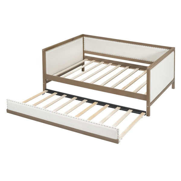 Full Size Daybed With Trundle And Nailhead Decoration - Wood