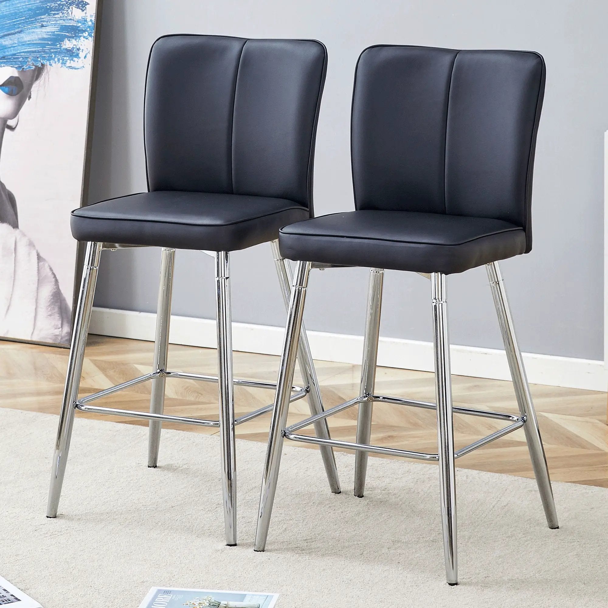 Modern Bar Chair Set Streamlined Backrest Metal Legs 2 Pieces - Black / Silver by Unique Piece Furniture