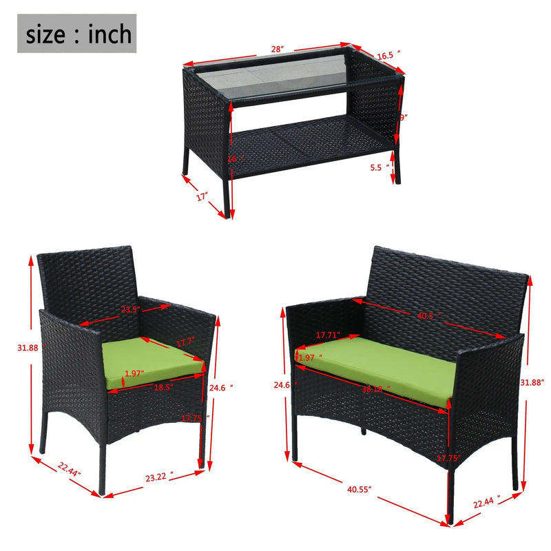 4 PC Rattan Patio Furniture Set Outdoor Cushioned Wicker Sofa Green Cushion by HouseOfZazla