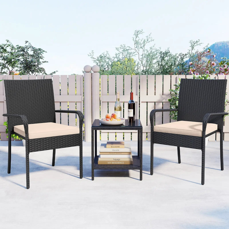3 Piece Patio Furniture Set with Seat Cushions and Tempered Glass Tabletop by DirectDeals