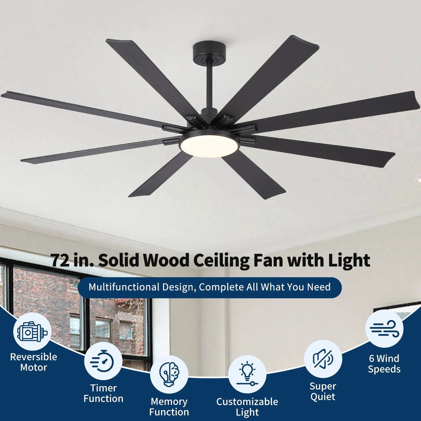 Large Ceiling Fan With Dimmable LED Light 8 Blades Remote Control, Reversible DC Motor by HouseOfZazla
