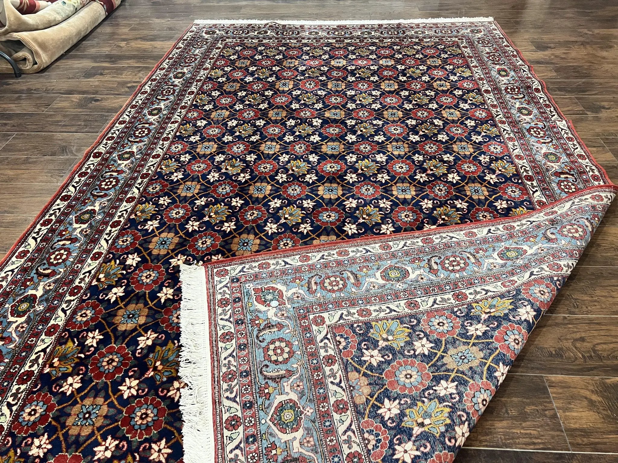 Persian Veramin Rug 7x11, Repeated Allover Pattern, Handmade Vintage Carpet, Navy Blue by Jewel Rugs