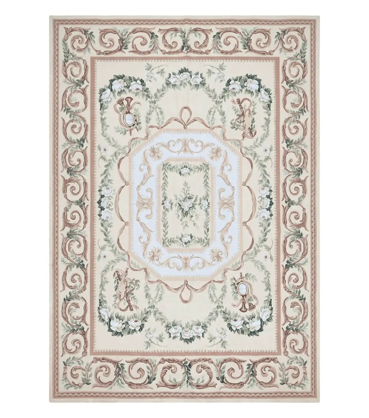 Elegant Aubusson Rug 10 x 14, Cream and Ivory Simple Aubusson Floral Carpet, Hand-Woven, European, New Aubusson Rug, Wool Area Rug, Violins by Jewel Rugs
