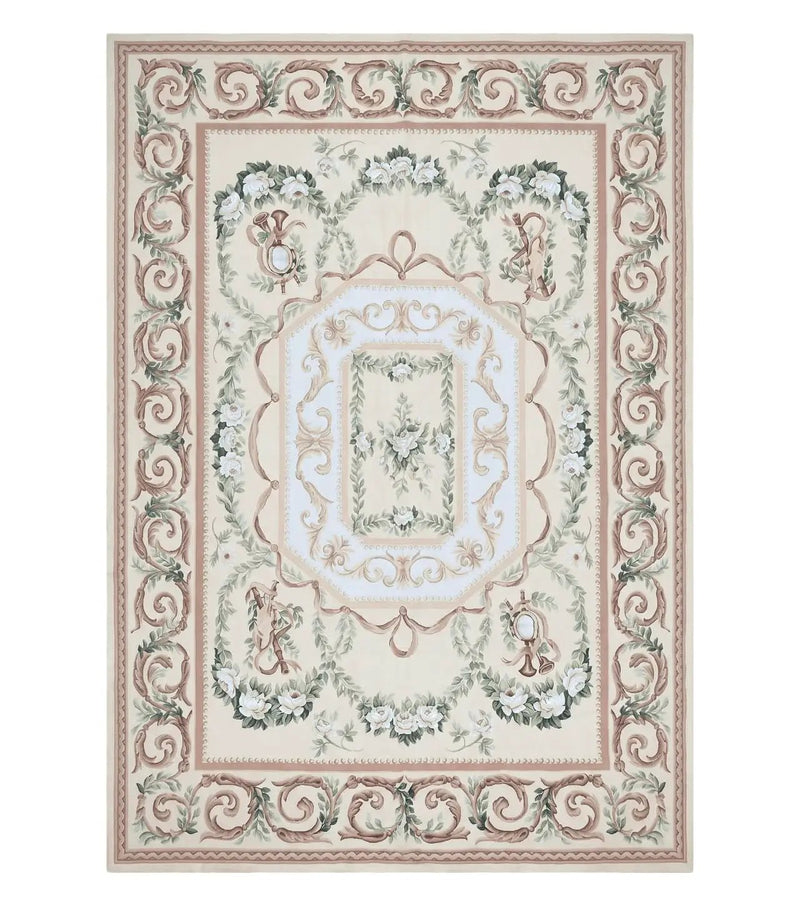 Elegant Aubusson Rug 10 x 14, Cream and Ivory Simple Aubusson Floral Carpet, Hand-Woven, European, New Aubusson Rug, Wool Area Rug, Violins by Jewel Rugs