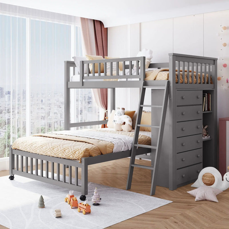 Bunk Bed With 6 Drawers And Flexible Shelves, Bottom Bed With Wheels by Unique Piece Furniture