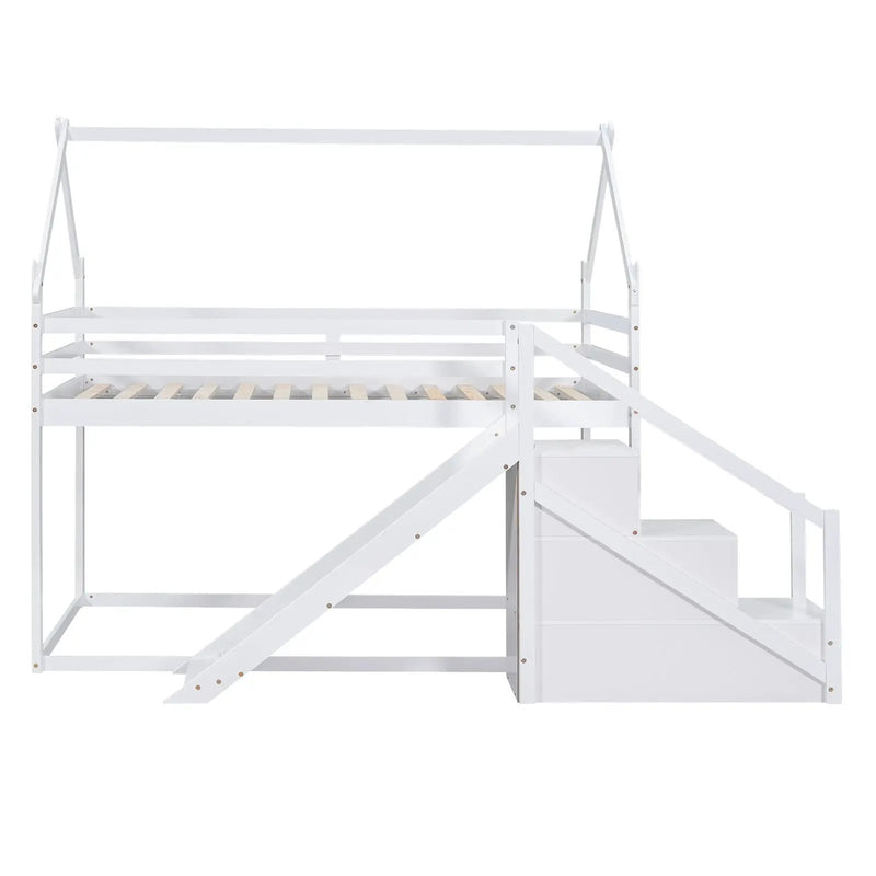 Twin Over Twin House Loft Or Bunk Bed With Slide And Staircase by HouseOfZazla
