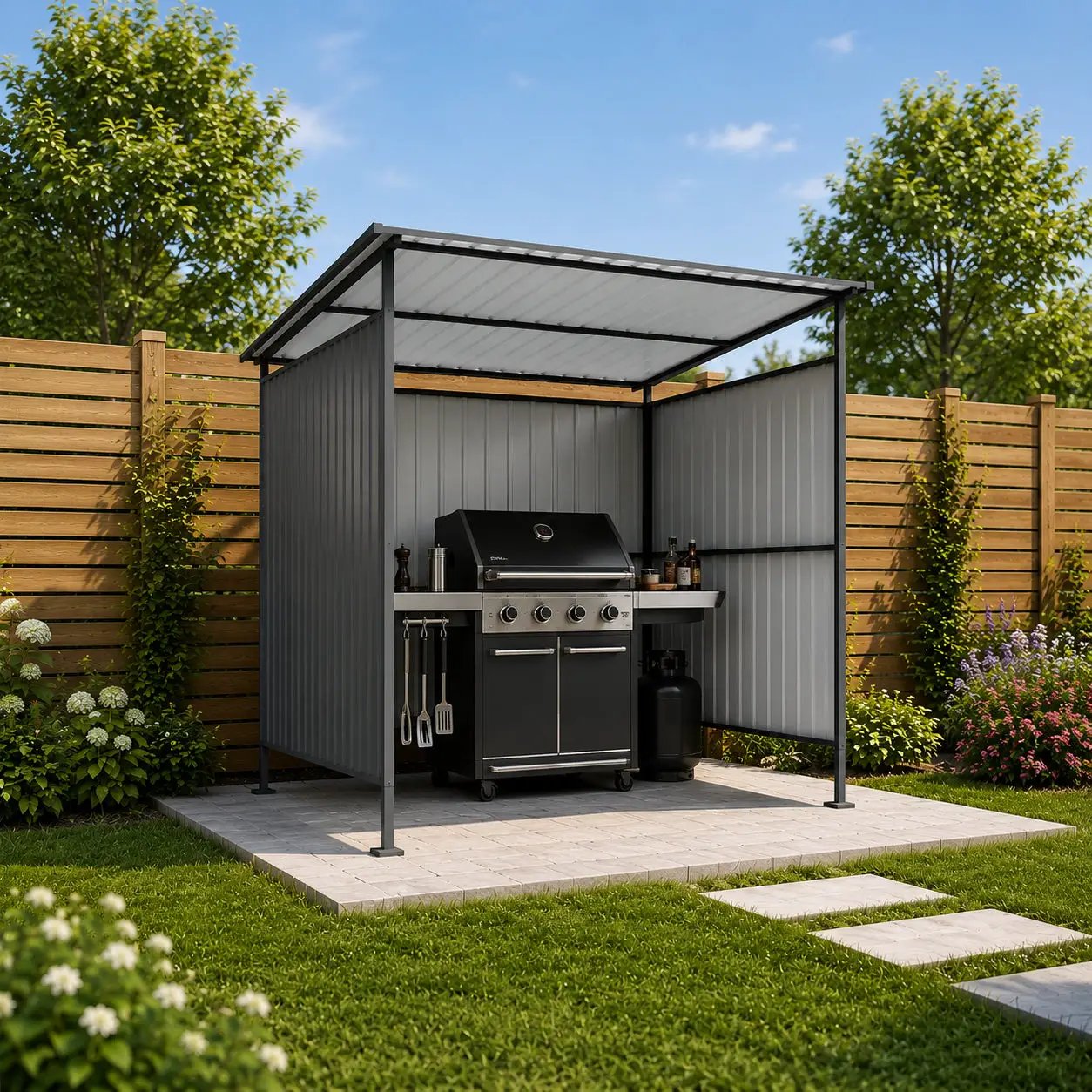 6x6FT Outdoor Pergola with Hardtop Roof, Lean-to Metal Shelter by HouseOfZazla