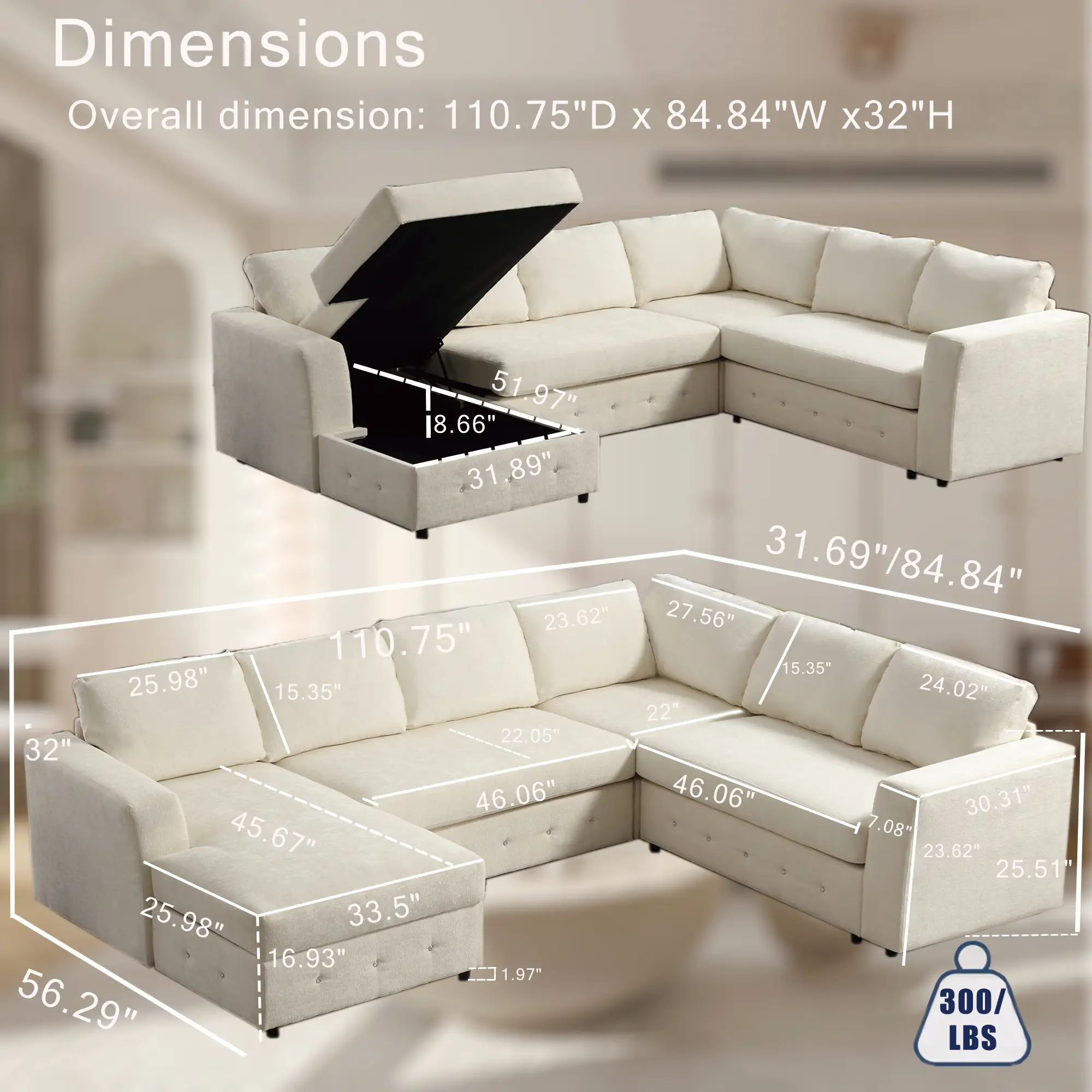 110.75" Sectional Sofa with Chaise Storage by HouseOfZazla