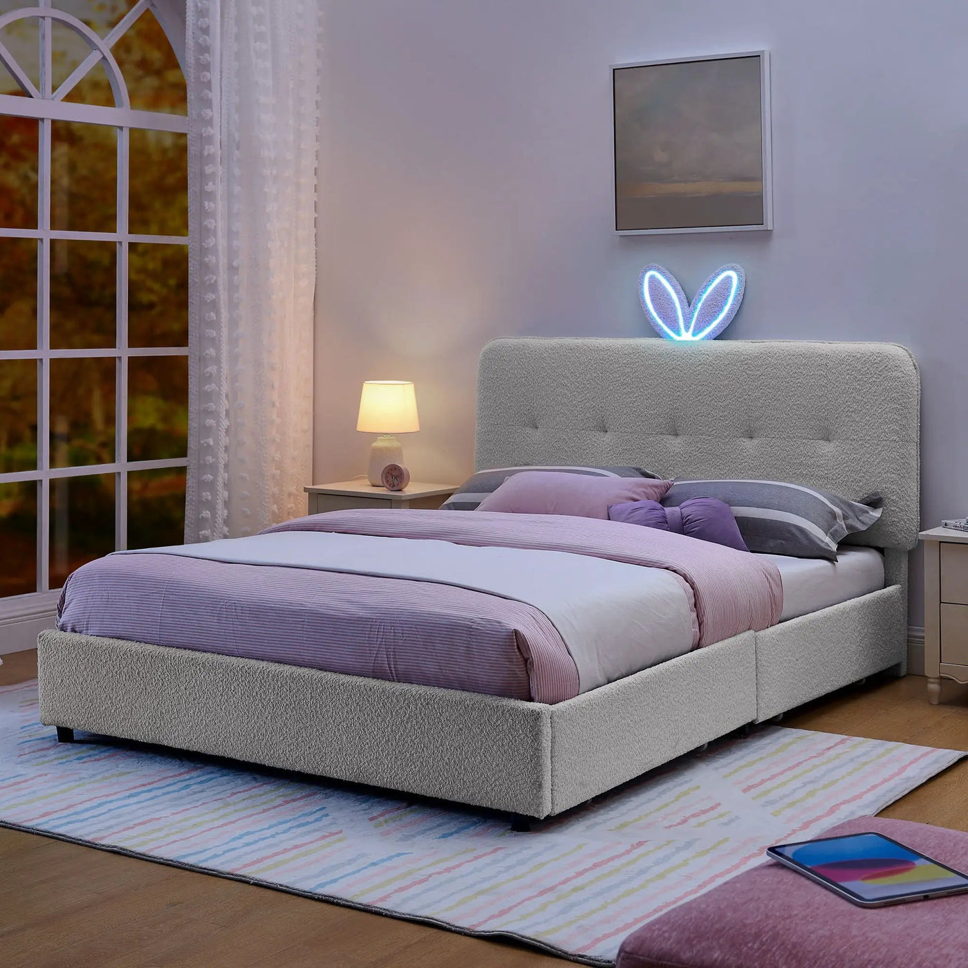 Upholstered Bed With Oversized Rabbit Ear Headboard, LED Lights & 4 Storage Drawers by Unique Piece Furniture