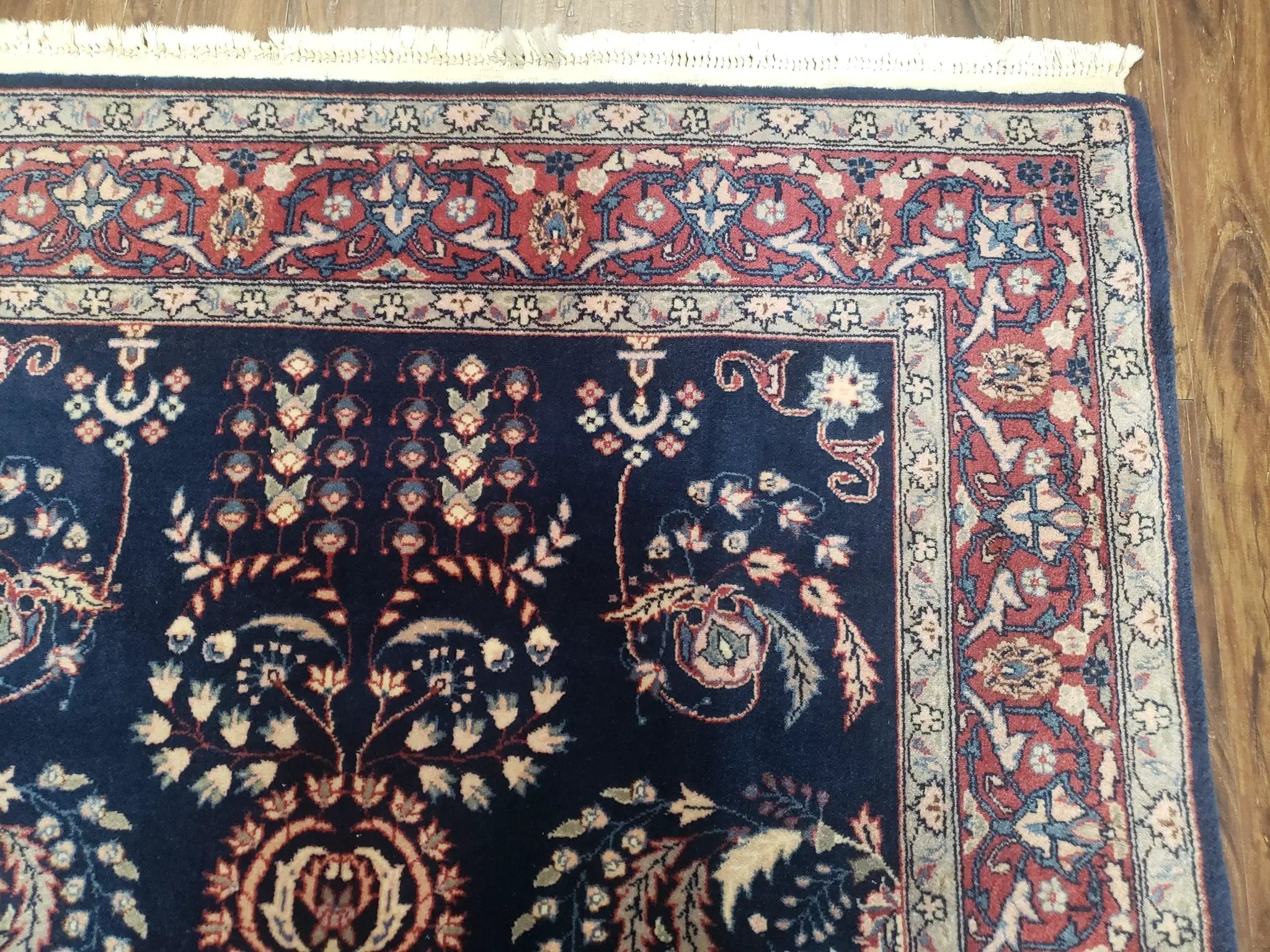 Dark Blue Indo Persian Rug 4x6, Medium Size Hand Knotted Oriental Carpet, Traditional Floral Indian Rug, Blue and Red Entryway Rug, Wool Rug by Jewel Rugs