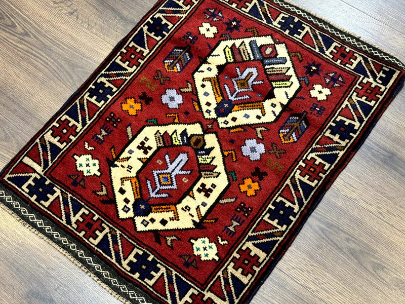 Small Persian Tribal Rug, Red and Ivory, Baluch Rug by Jewel Rugs
