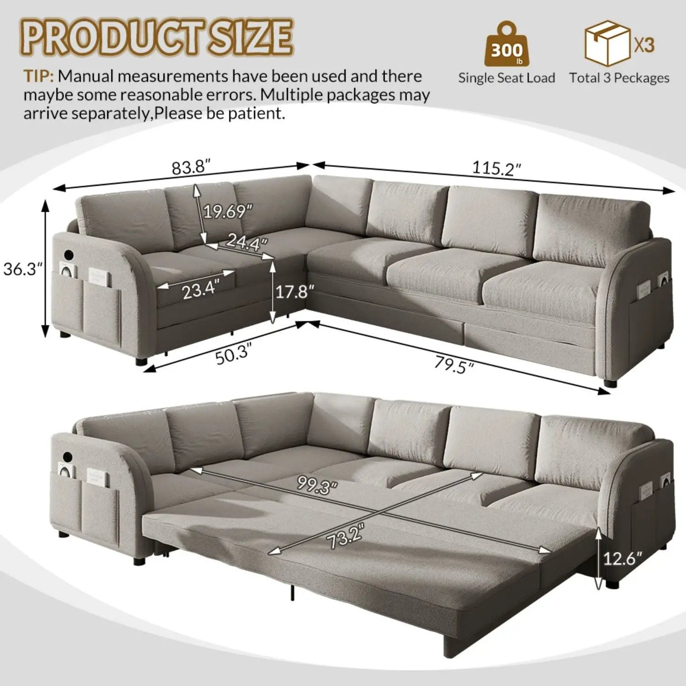 L-Shaped Couch With Pull-Out Bed, Convertible Sleeper Sofa With Side Pocket & USB Port by HouseOfZazla