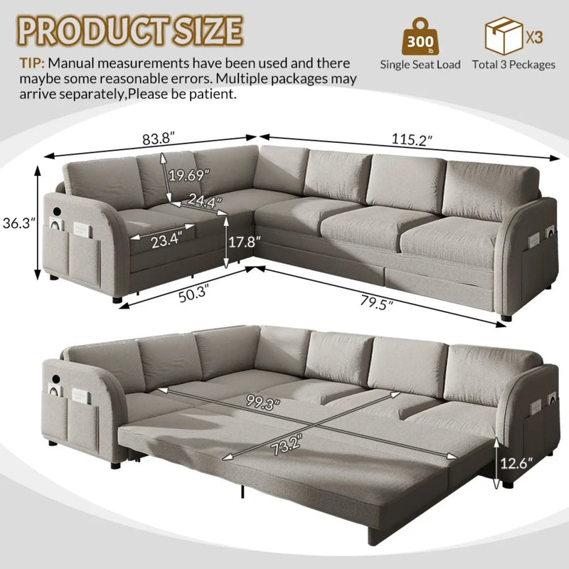 L-Shaped Couch With Pull-Out Bed, Convertible Sleeper Sofa With Side Pocket & USB Port by HouseOfZazla