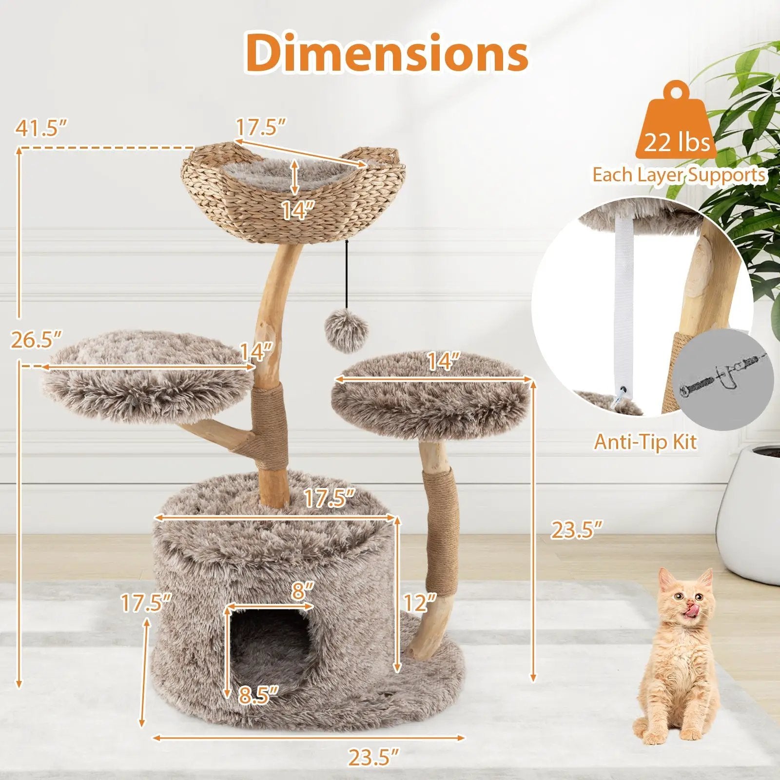 Wood Cat Tree Solid Pear Cat Tree with Perch and Sisal Scratching Posts-Brown by DirectDeals