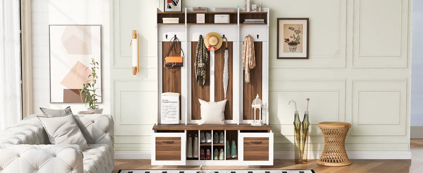 5 In 1 Entryway Bench With Coat Rack, 7 Sturdy Hooks, 2 Spacious Drawers And Adjustable Shelves by HouseOfZazla