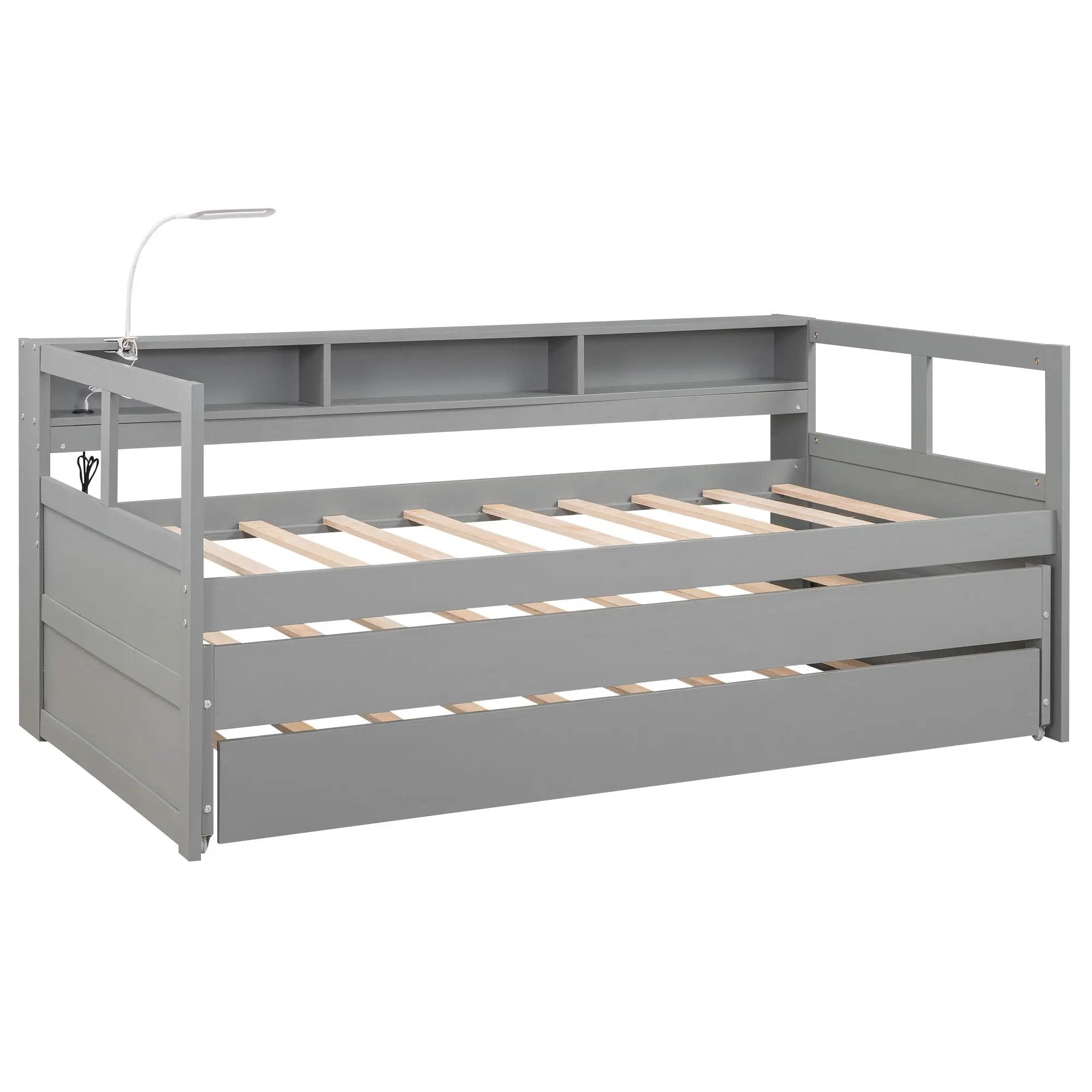 Daybed With 2 Trundles, 3 Storage Cubbies, Built In USB Charging Light by HouseOfZazla