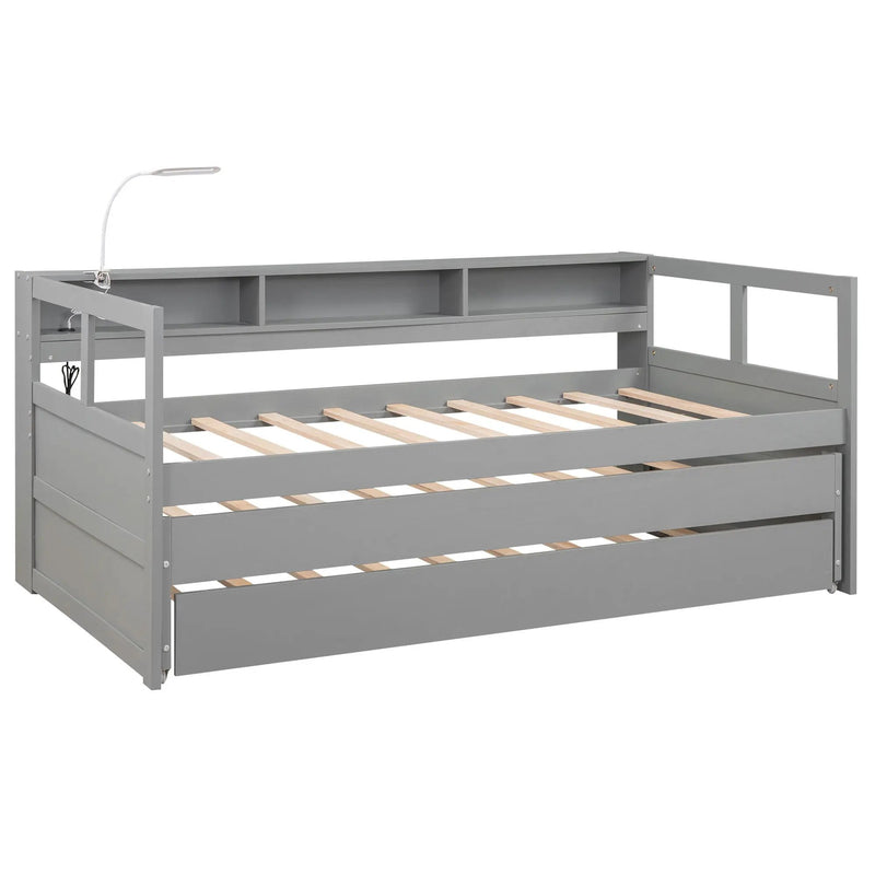 Daybed With 2 Trundles, 3 Storage Cubbies, Built In USB Charging Light by HouseOfZazla