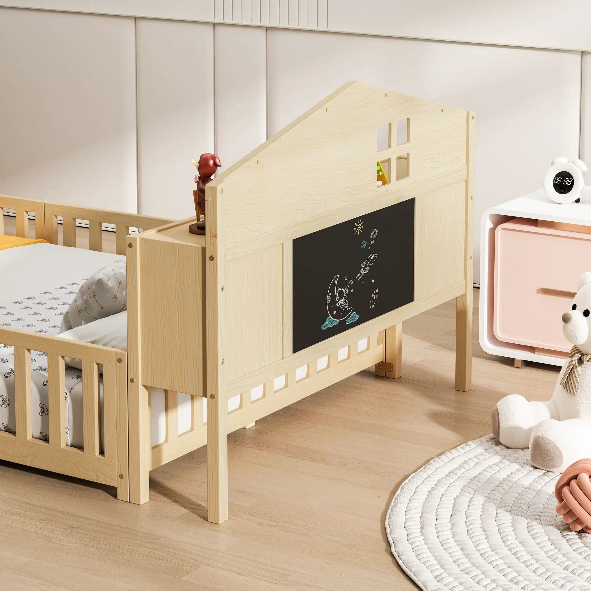 Full Size Montessori Floor Bed With Bookcases And boards, Solid Wood Platform Bed With Guard Rails And Storage Headboards - Natural by Unique Piece Furniture