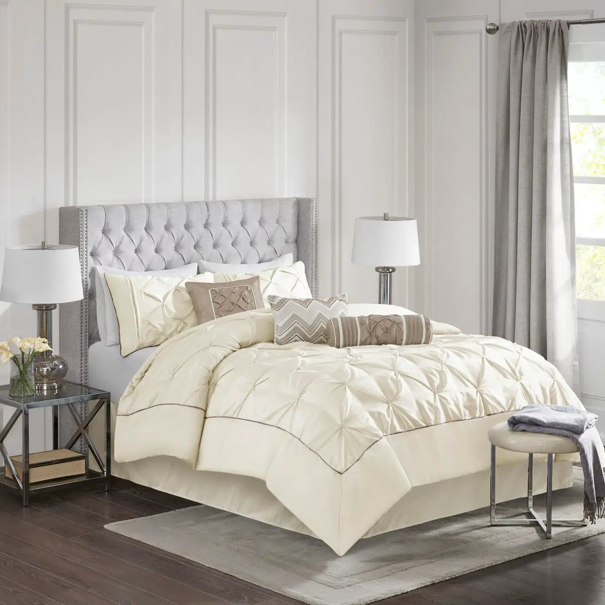 7 Piece Tufted Comforter Set Ivory Cal King by HouseOfZazla