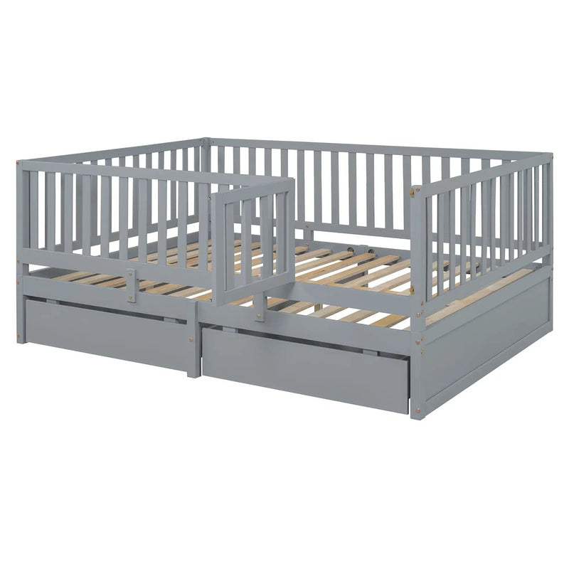 Daybed With Fence Guardrails And 2 Drawers, Split Into Independent Floor Bed & Daybed by HouseOfZazla