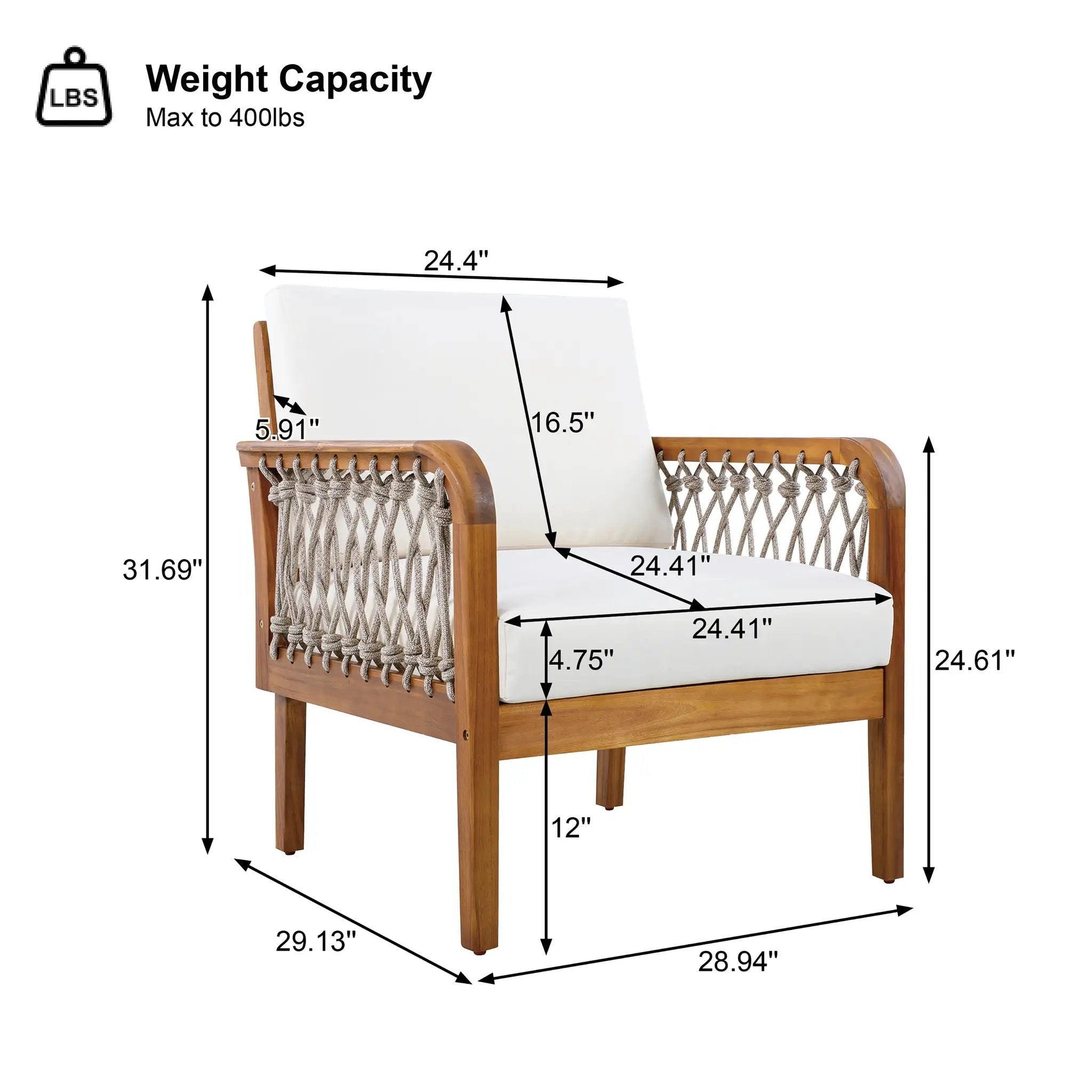 Outdoor Acacia Wood Club Chair with Handwoven Rope, Teak Finish by HouseOfZazla