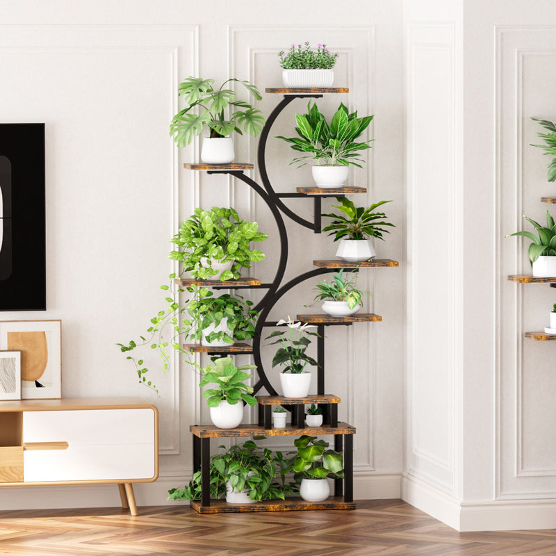 S - Shaped, 10 Tier Plant Stand With 5 Grow Lights - Deep Rustic Brown by HouseOfZazla