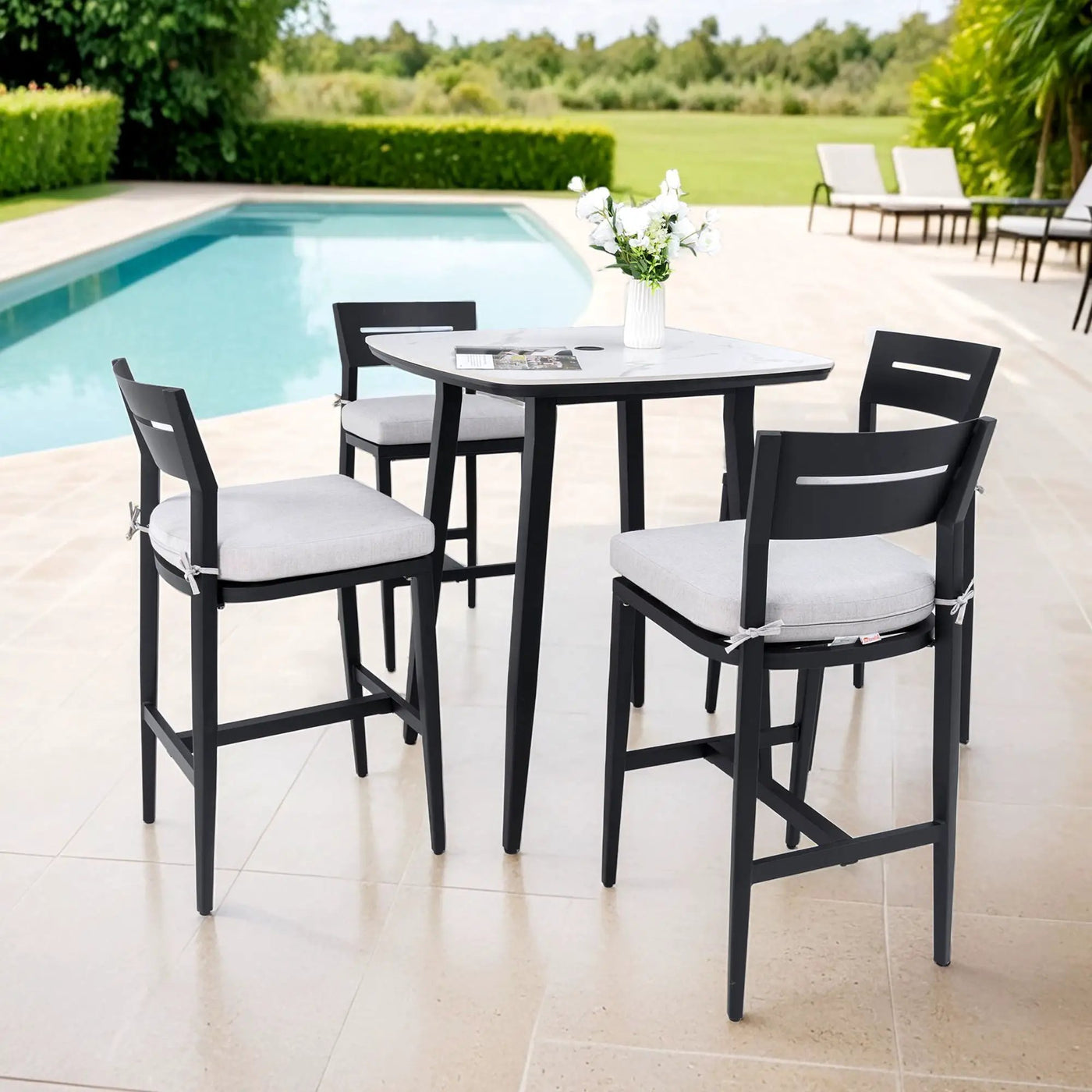 Modern Outdoor Patio Bar Set, Rounded Square Table & Bar Chairs, Non Rust Frame, Tapered Legs, Sunbrella Cushion by HouseOfZazla