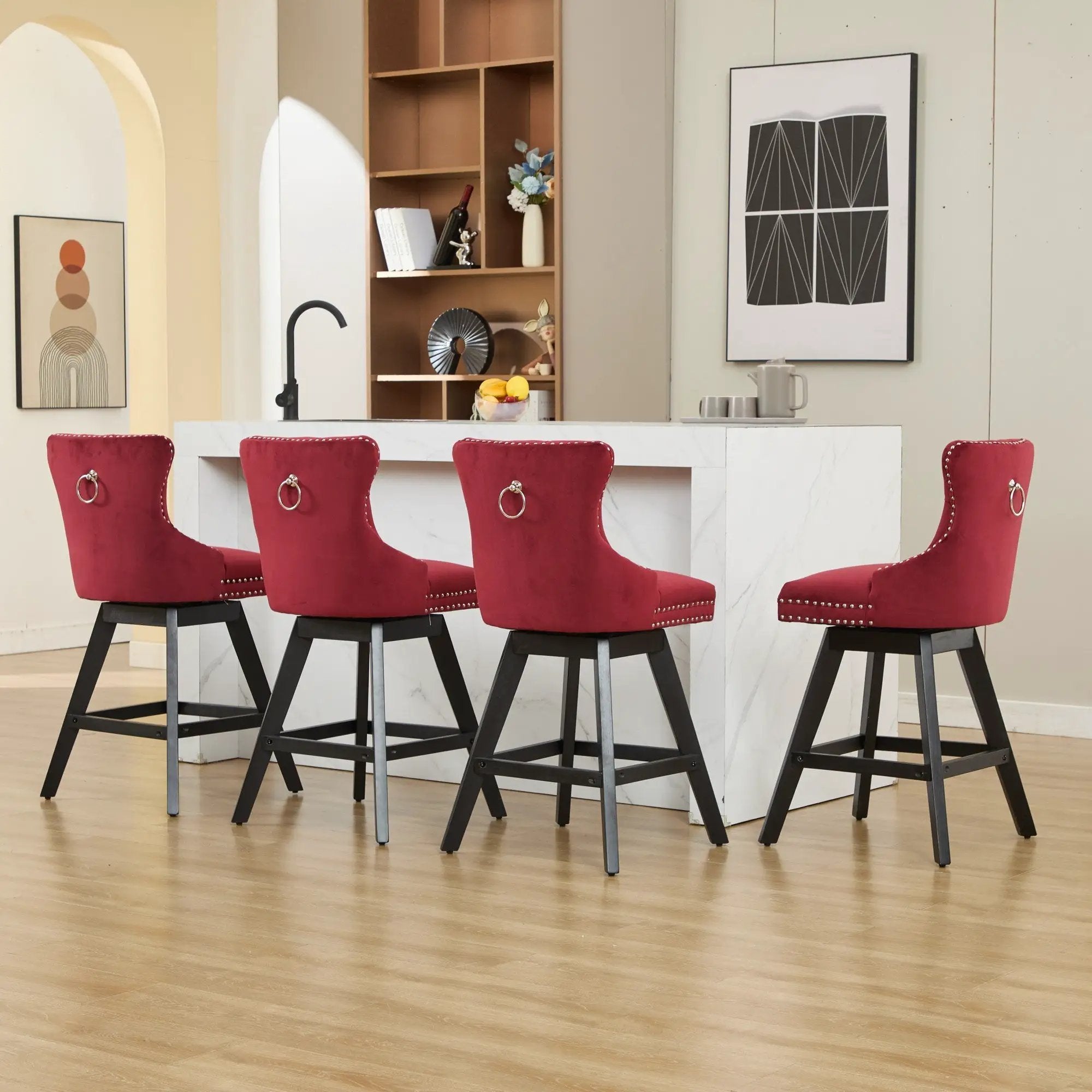 Swivel Velvet Barstools with Button Tufted Decoration - Set of 2 (Wine Red) by HouseOfZazla