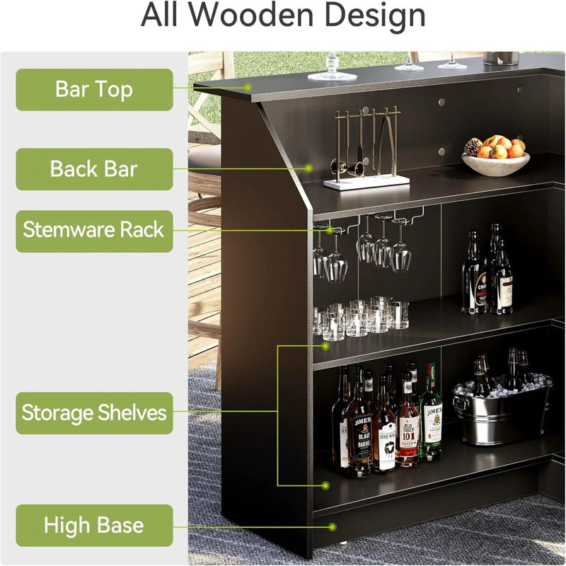 L-Shaped Home Bar Cabinet With Stemware Racks, 4 Tier Corner Unit, Liquor Wine Bar Table & Reception Desk For Home Pub - Black by HouseOfZazla