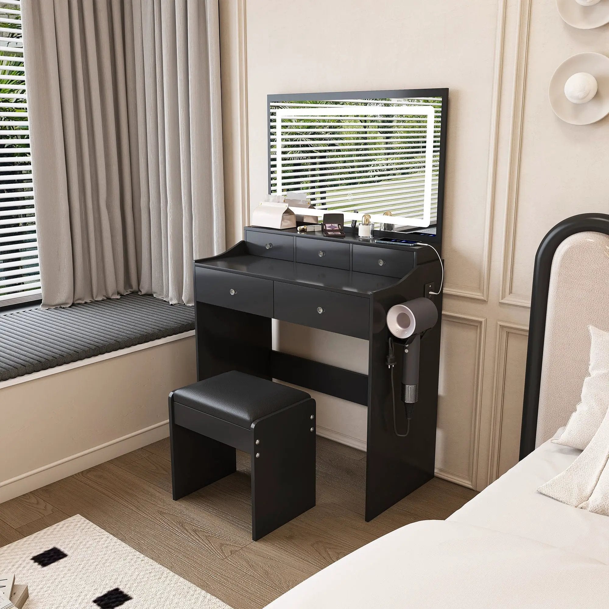Modern Makeup Vanity Set With Power Outlet, Hair Dryer Holder, And Adjustable Lighting by Unique Piece Furniture