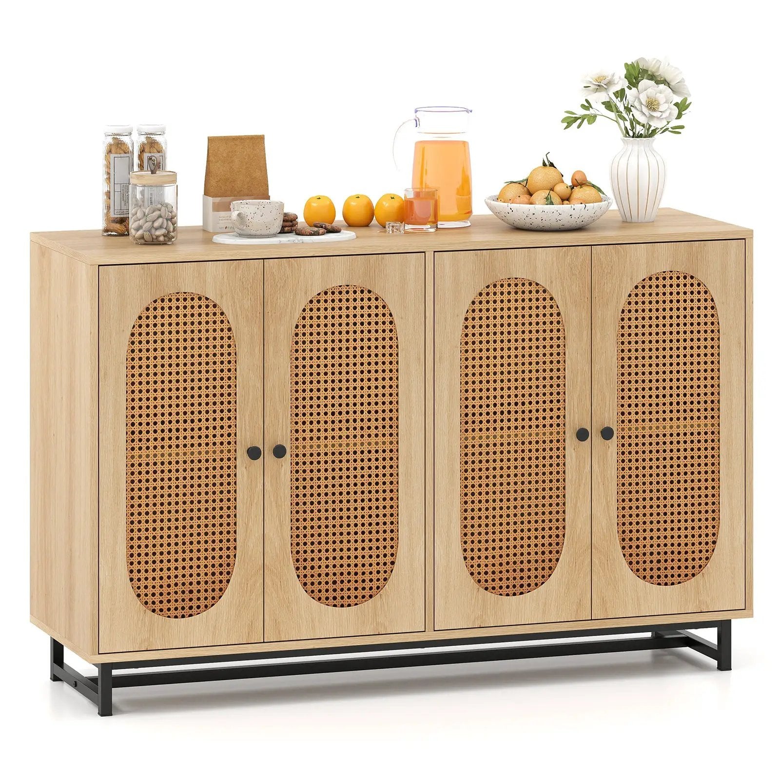 50 Inch Buffet Sideboard Cabinet with 4 Rattan Doors and Adjustable Shelves-Natural by DirectDeals